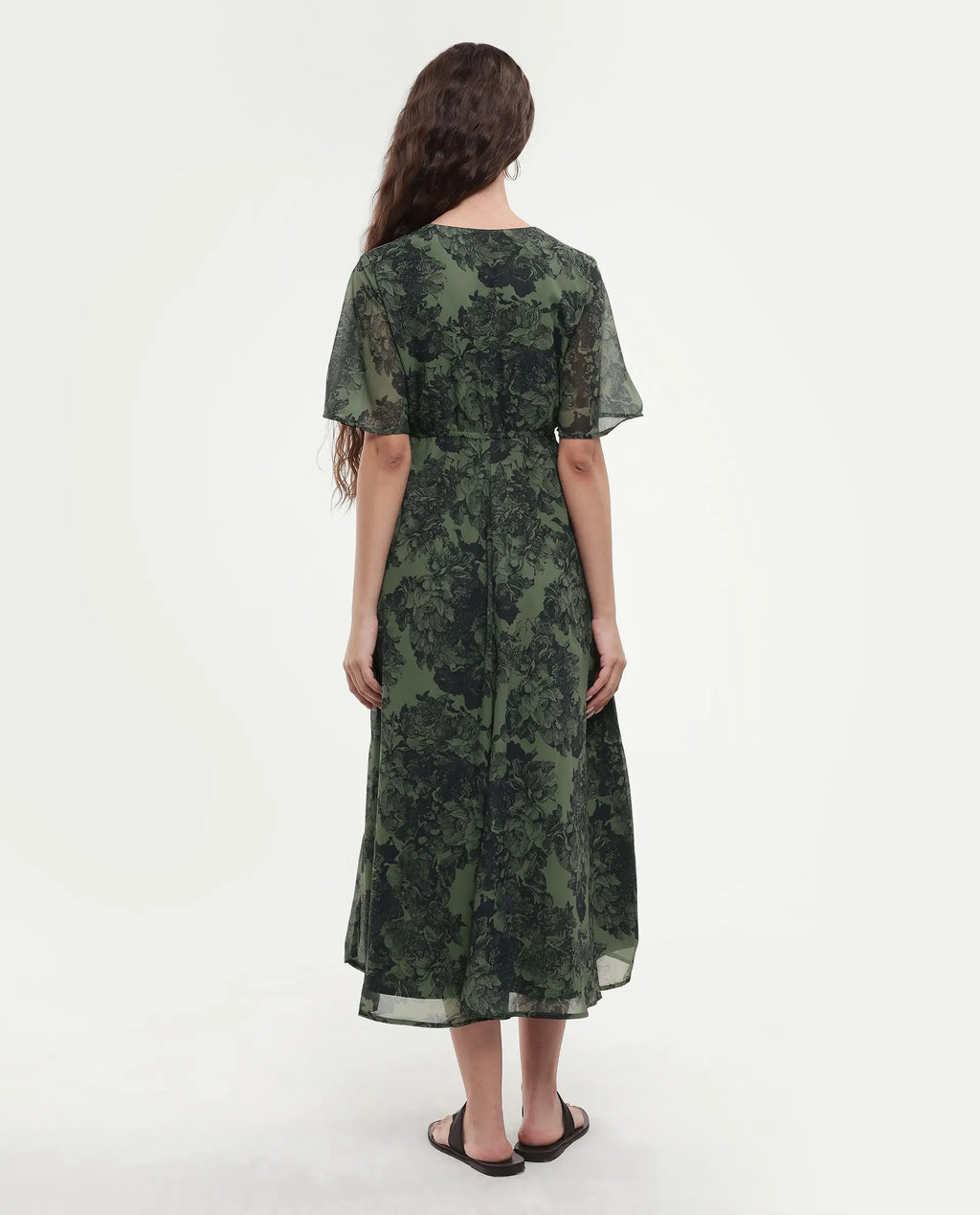 Rareism Women's Elgon Dark Green Polyester V-Neck Flared Floral Print Midi Dress