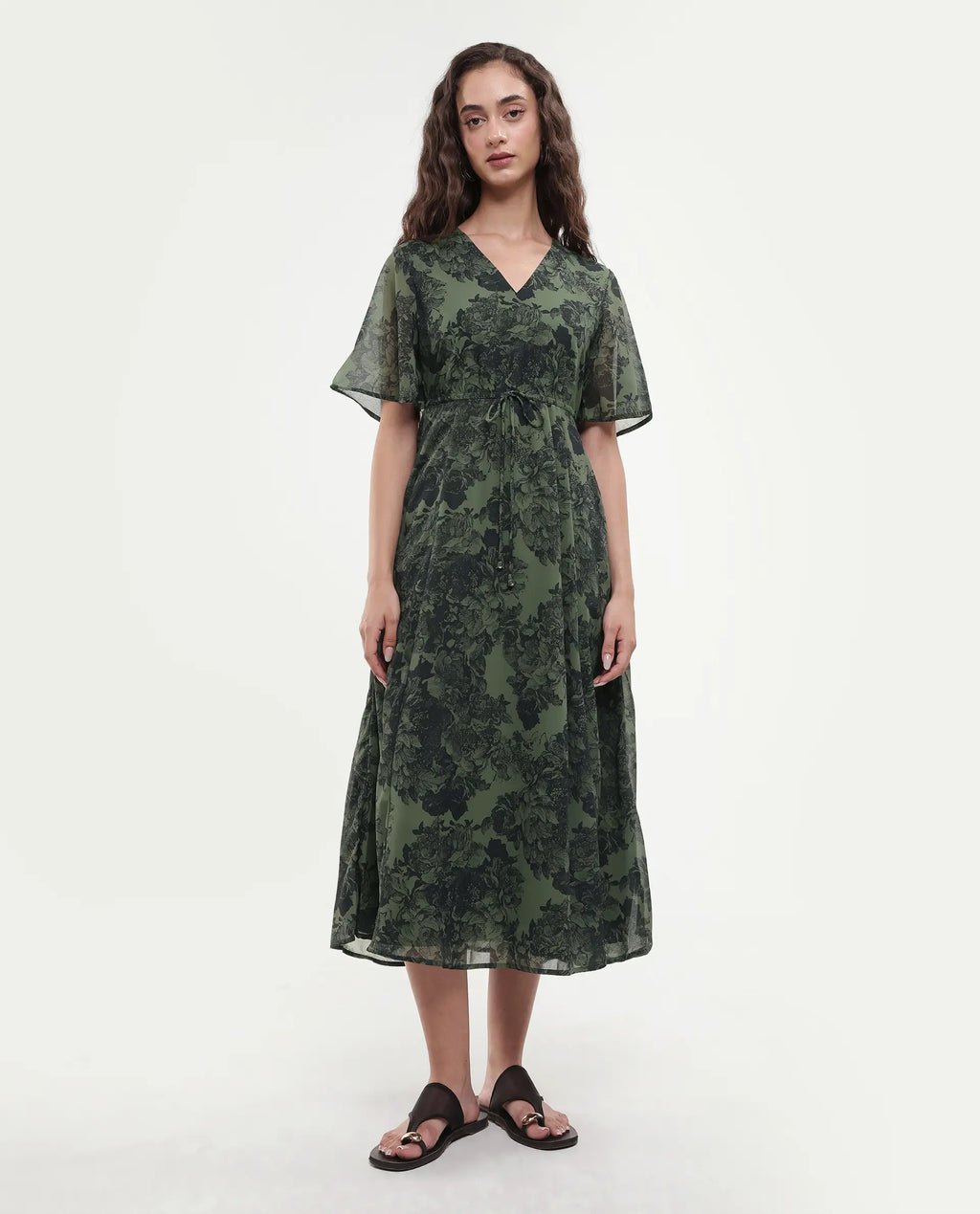 Rareism Women's Elgon Dark Green Polyester V-Neck Flared Floral Print Midi Dress