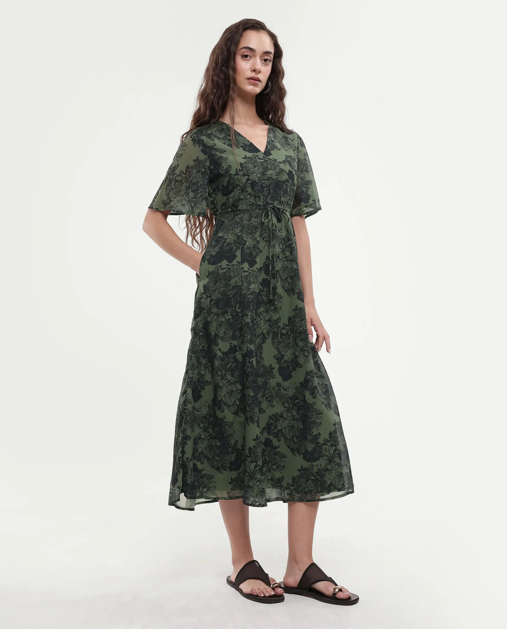 Rareism Women's Elgon Dark Green Polyester V-Neck Flared Floral Print Midi Dress