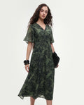 Rareism Women's Elgon Dark Green Polyester V-Neck Flared Floral Print Midi Dress