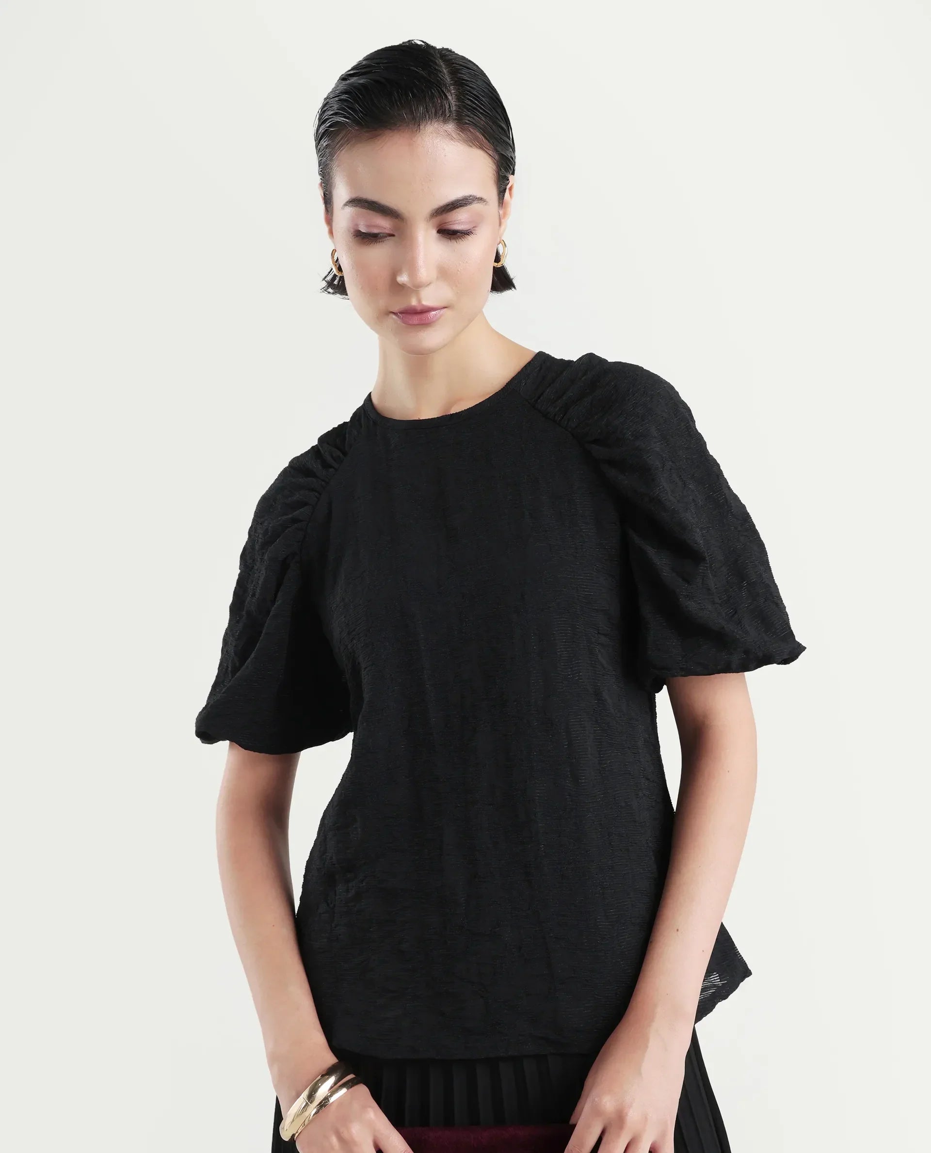 Rareism Women's Nuten Black Nylon Blend Balloon Sleeve Crew Neck Regular Fit Plain Top