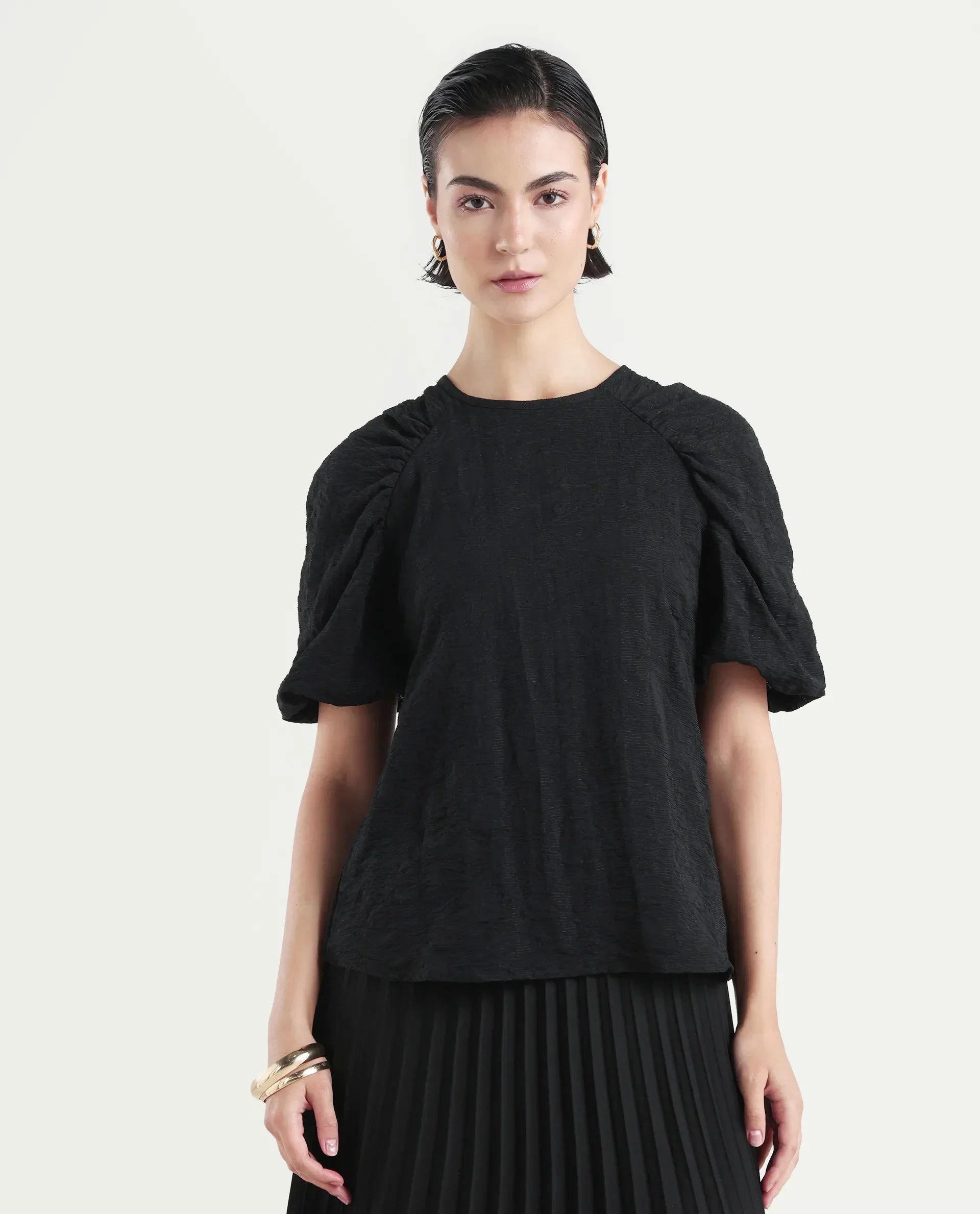 Rareism Women's Nuten Black Nylon Blend Balloon Sleeve Crew Neck Regular Fit Plain Top