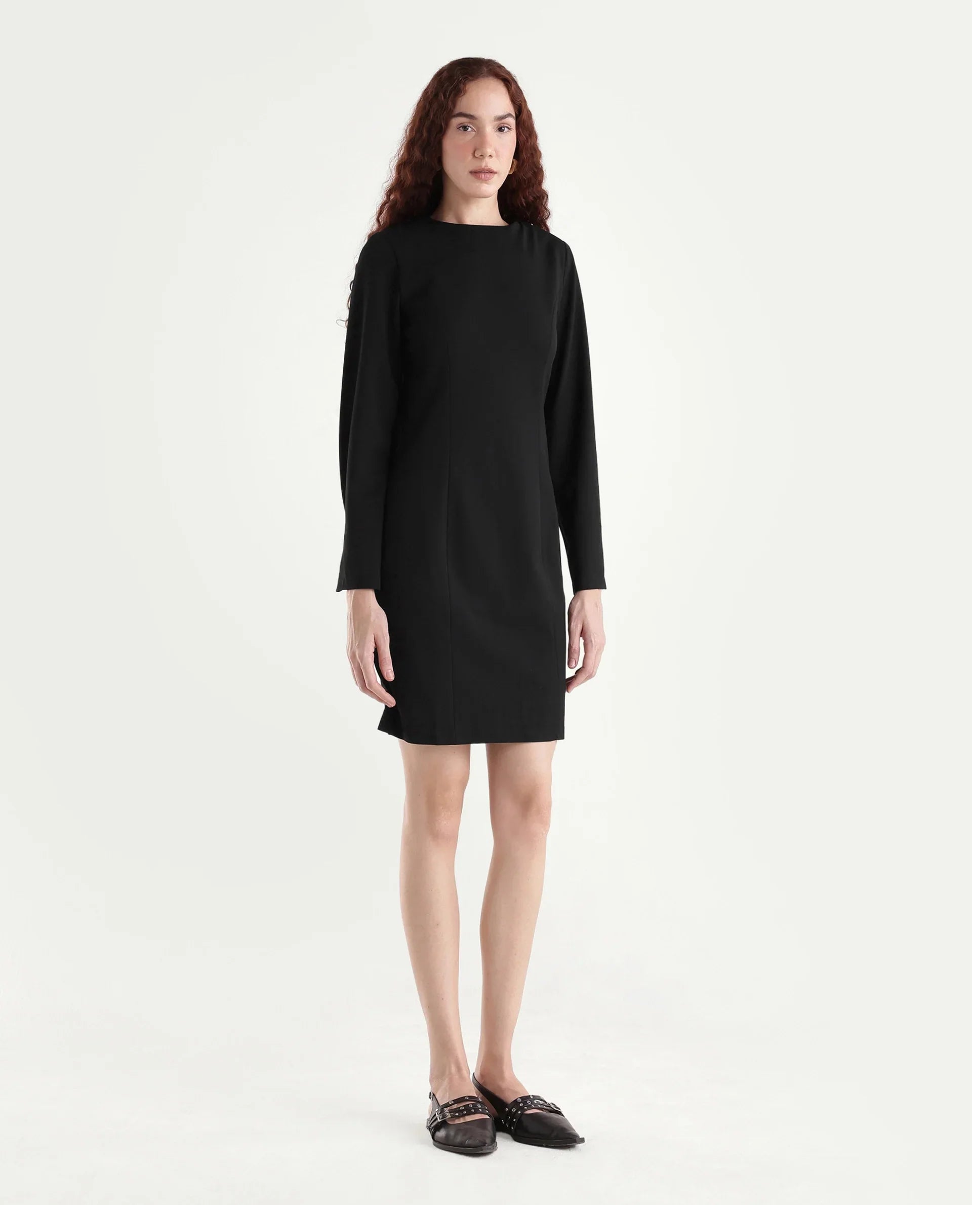 Rareism Women Juna Black Polyester Blend Solid Fitted Dress