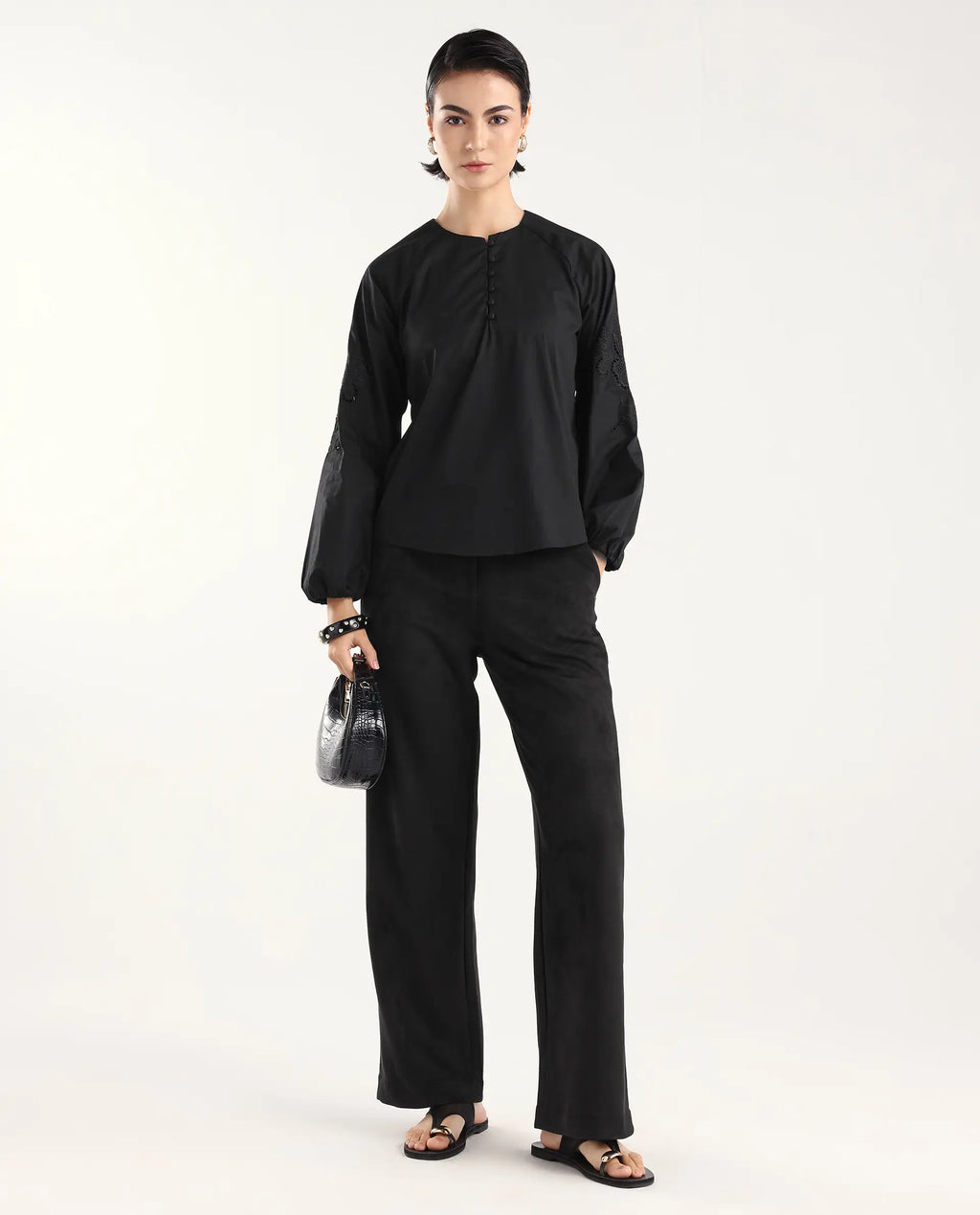 Rareism Women's Nembon Black Cotton Full Sleeve Regular Fit Plain Top