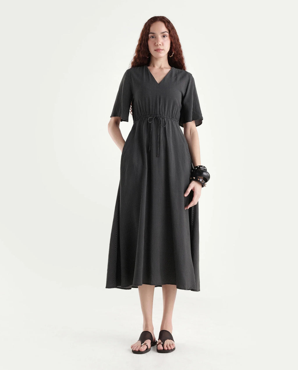 Rareism Women's Eloys Black Viscose V-Neck Flared Printed Midi Dress