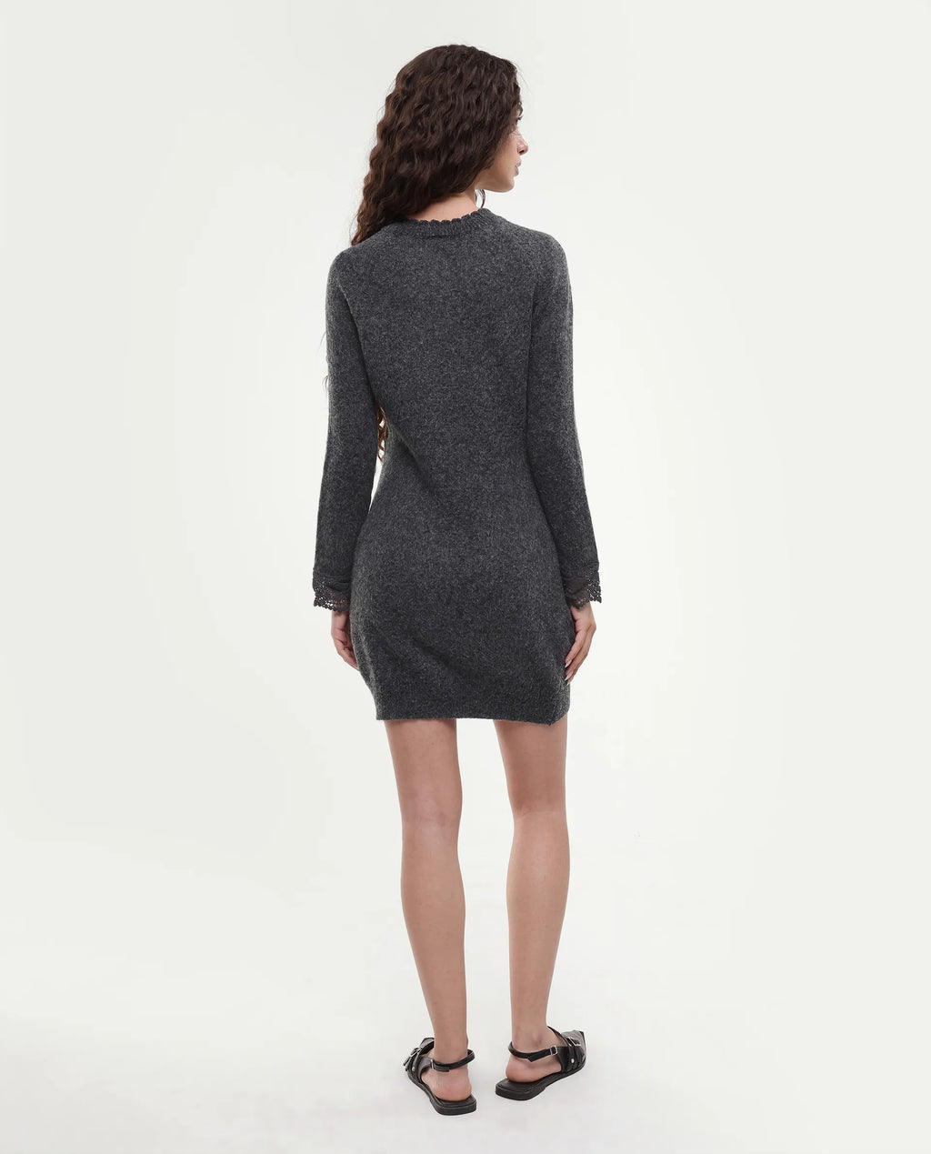 Rareism Women's Zisto Black Acrylic Blend Crew Neck Regular Fit Plain Dress