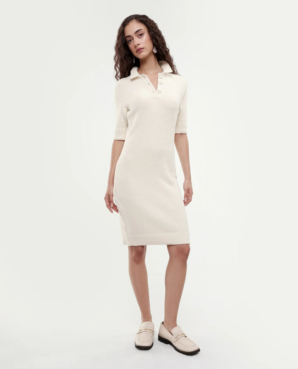 Rareism Women's Afchen Off White Nylon Spread Collar Regular Fit Plain Dress