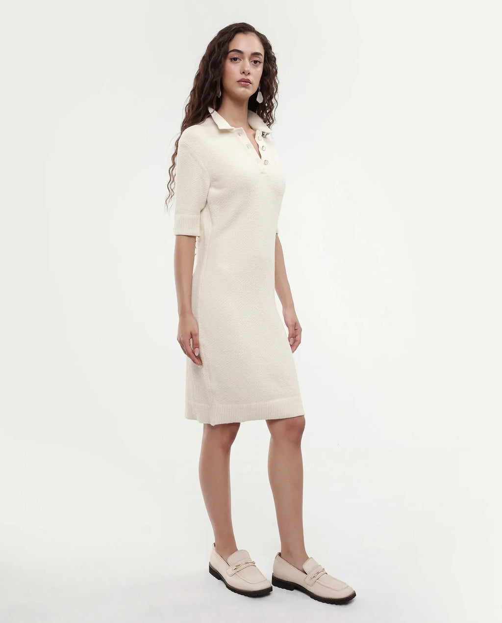 Rareism Women's Afchen Off White Nylon Spread Collar Regular Fit Plain Dress