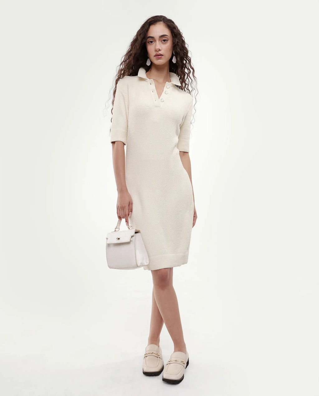 Rareism Women's Afchen Off White Nylon Spread Collar Regular Fit Plain Dress