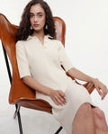 Rareism Women's Afchen Off White Nylon Spread Collar Regular Fit Plain Dress