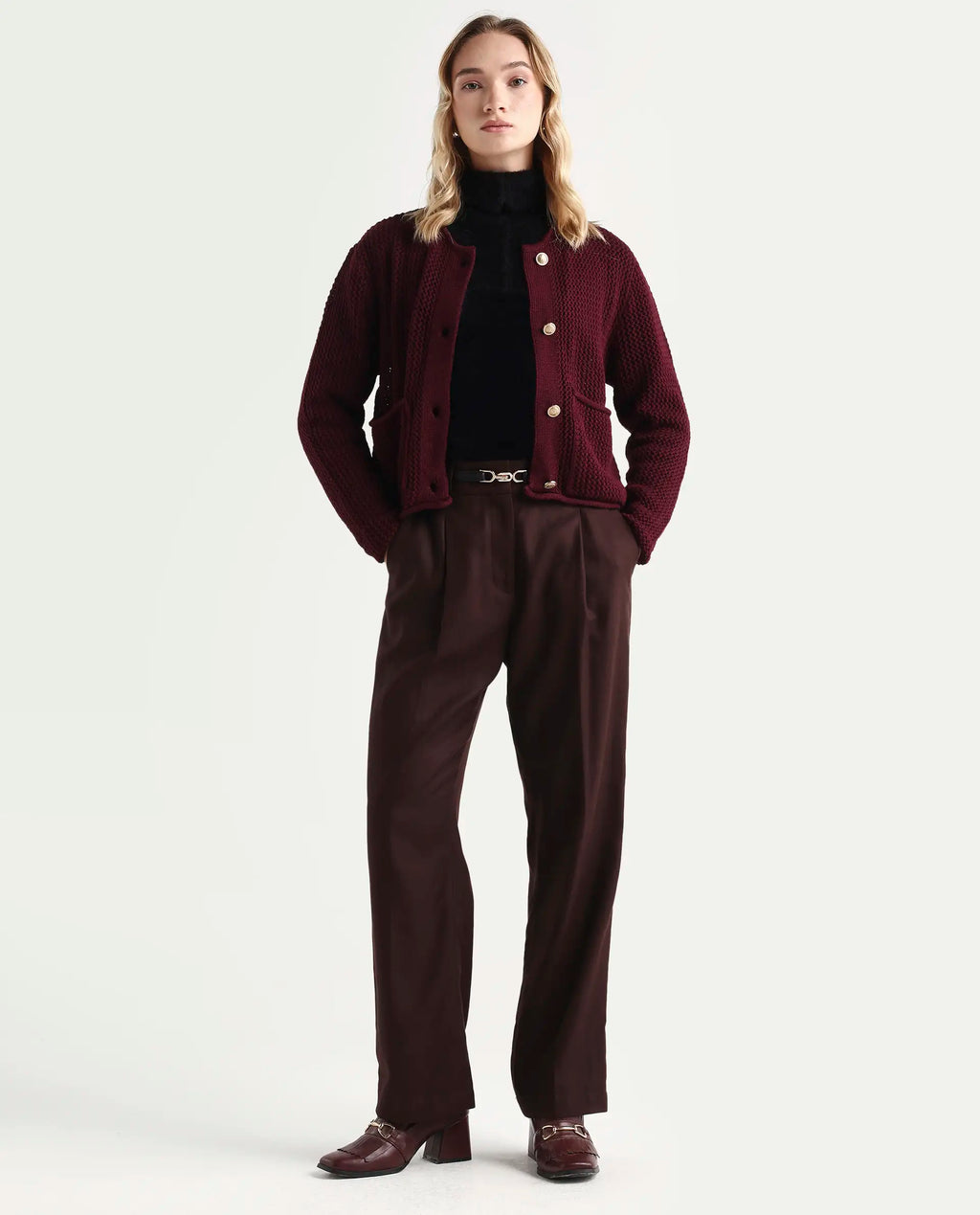 Rareism Women's Chetza Dark Maroon Cotton Crew Neck Relaxed Fit Cardigan