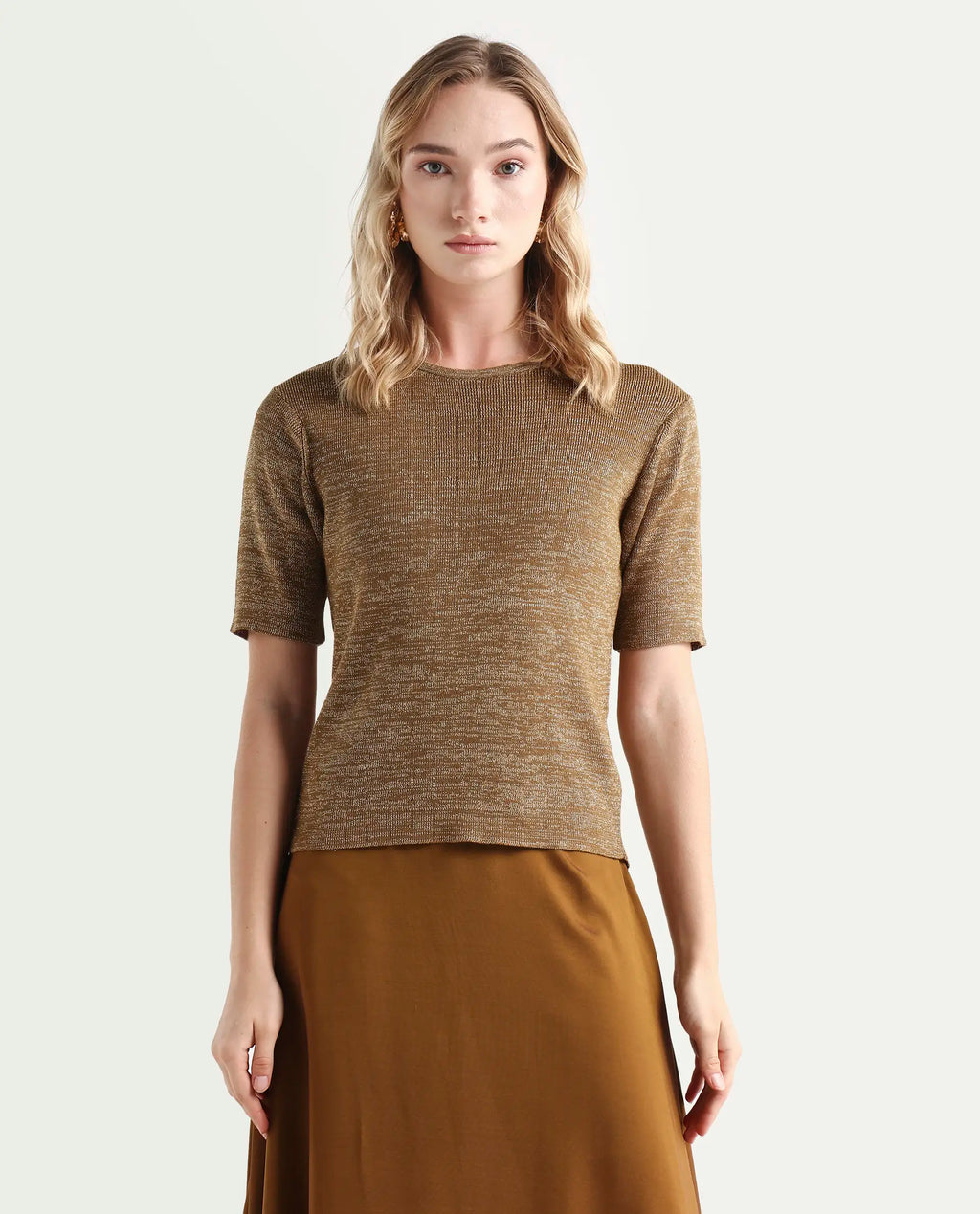 Rareism Women's Frellic Metalic Gold Cotton Blend Crew Neck Regular Fit Plain Top