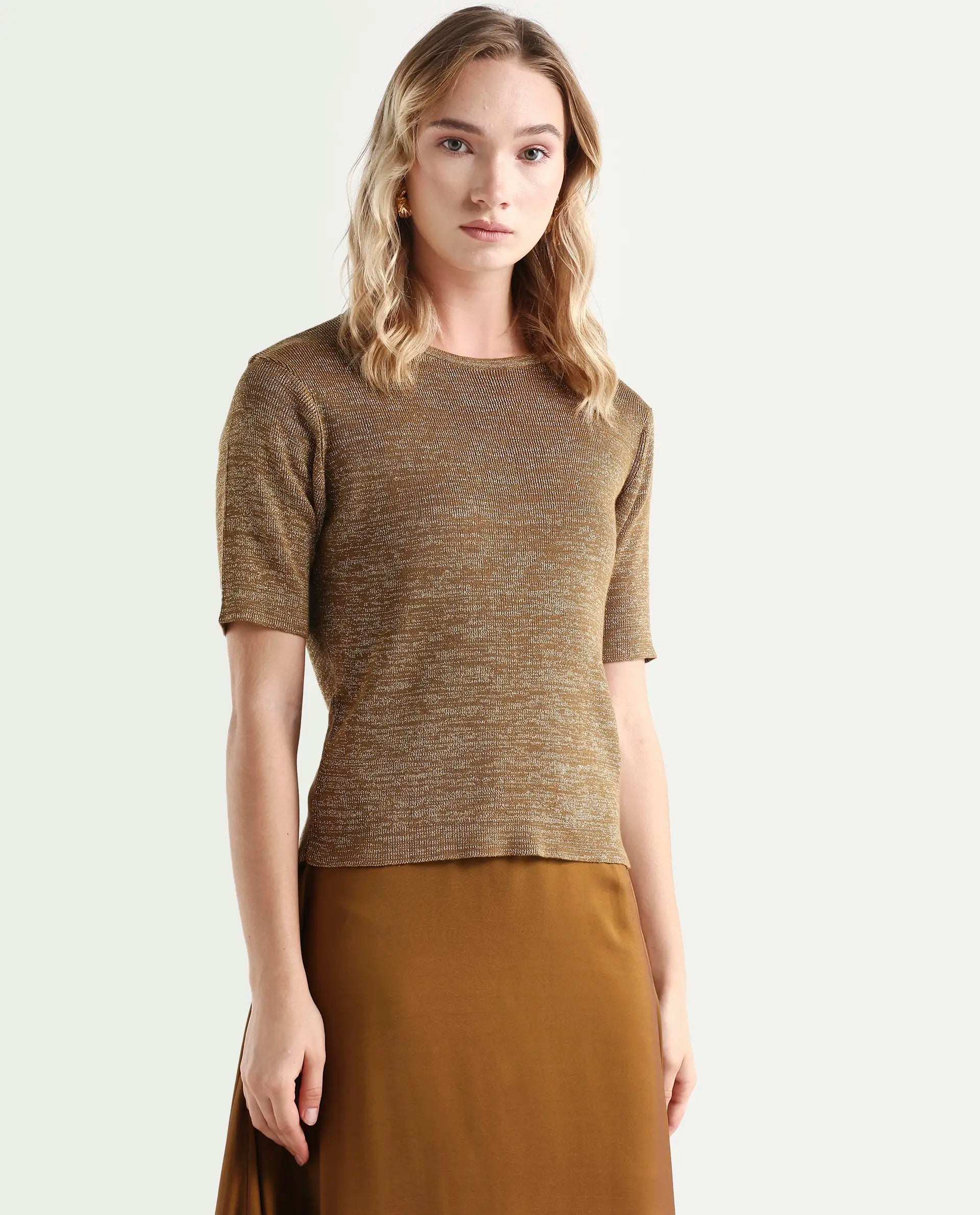 Rareism Women's Frellic Metalic Gold Cotton Blend Crew Neck Regular Fit Plain Top