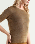 Rareism Women's Frellic Metalic Gold Cotton Blend Crew Neck Regular Fit Plain Top