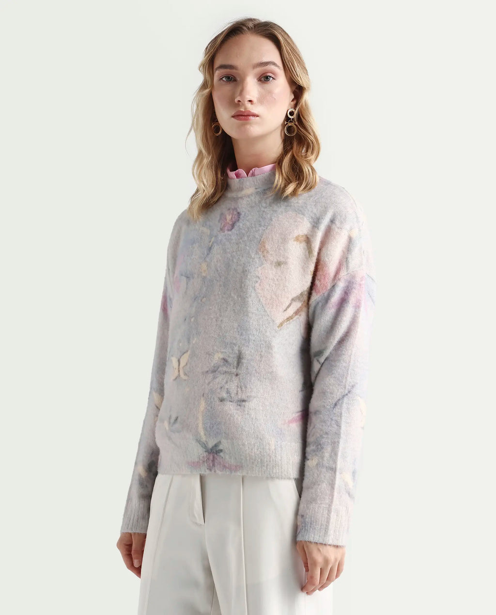 Rareism Women's Siriko Light Multi Acrylic Blend Crew Neck Floral Print Relaxed Fit Sweater
