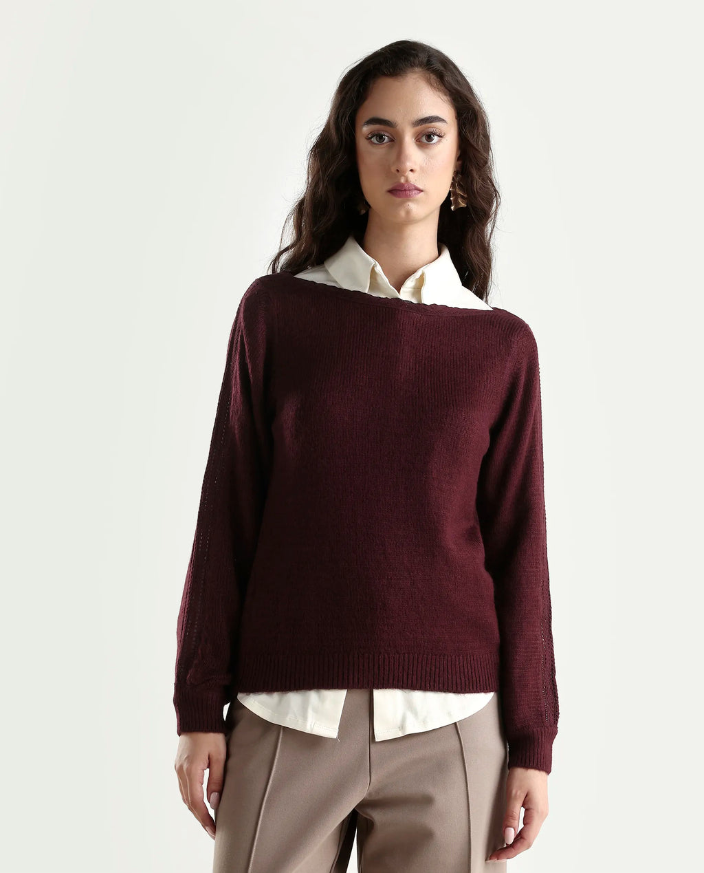 Rareism Women's Zula Dark Maroon Acrylic Blend Boat Neck Relaxed Fit Plain Sweater