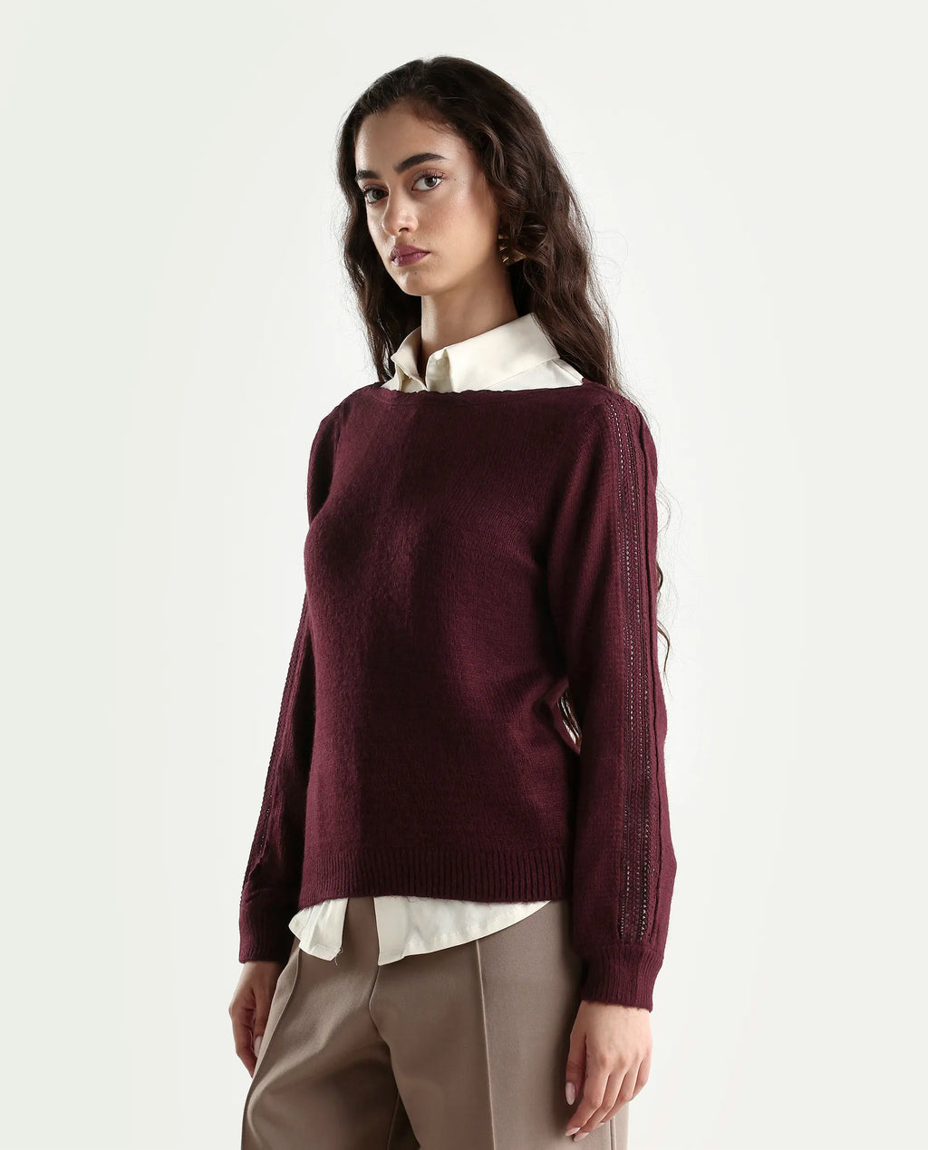 Rareism Women's Zula Dark Maroon Acrylic Blend Boat Neck Relaxed Fit Plain Sweater