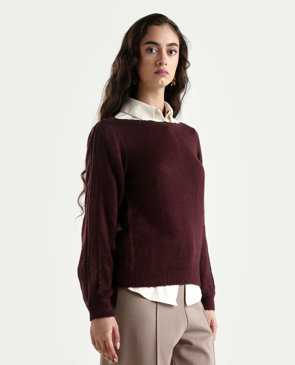 Rareism Women's Zula Dark Maroon Acrylic Blend Boat Neck Relaxed Fit Plain Sweater
