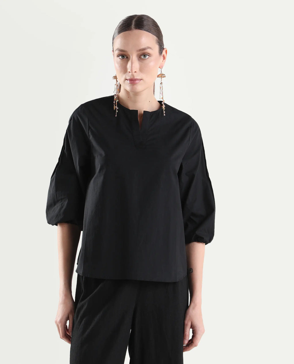 Rareism Women's Varek Black Cotton 3/4Th Sleeve Relaxed Fit Plain Top