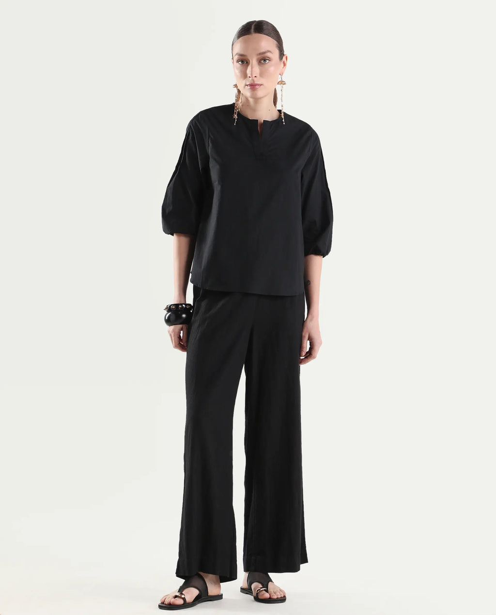 Rareism Women's Varek Black Cotton 3/4Th Sleeve Relaxed Fit Plain Top