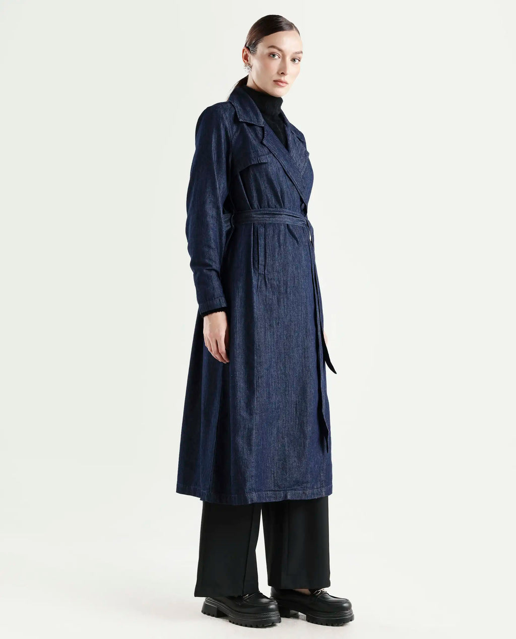 Rareism Women's Dentren Dark Blue Polyester Full Sleeve Lapel Collar Relaxed Fit Plain Coat