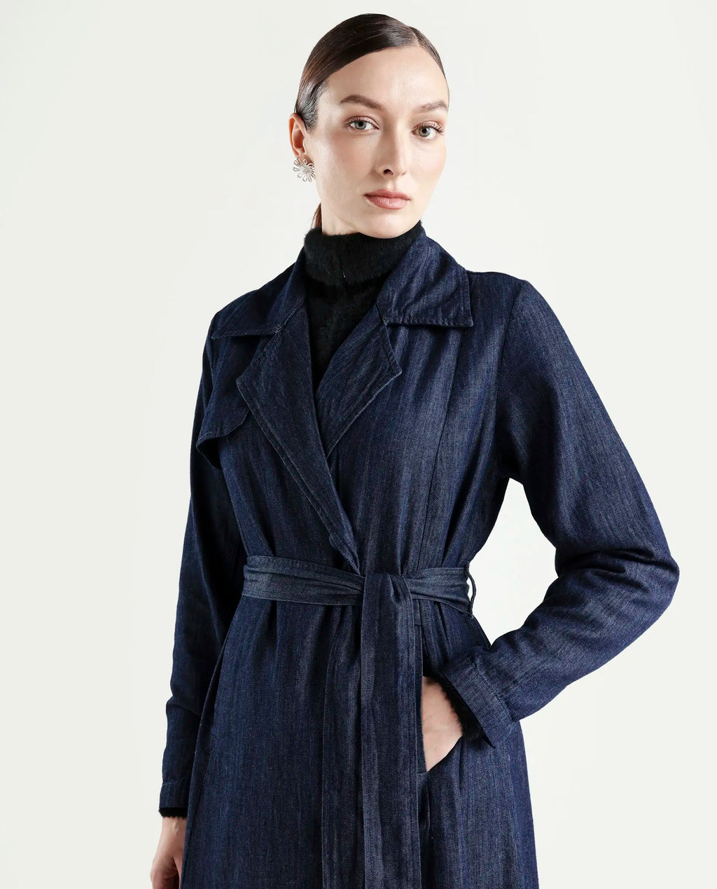 Rareism Women's Dentren Dark Blue Polyester Full Sleeve Lapel Collar Relaxed Fit Plain Coat