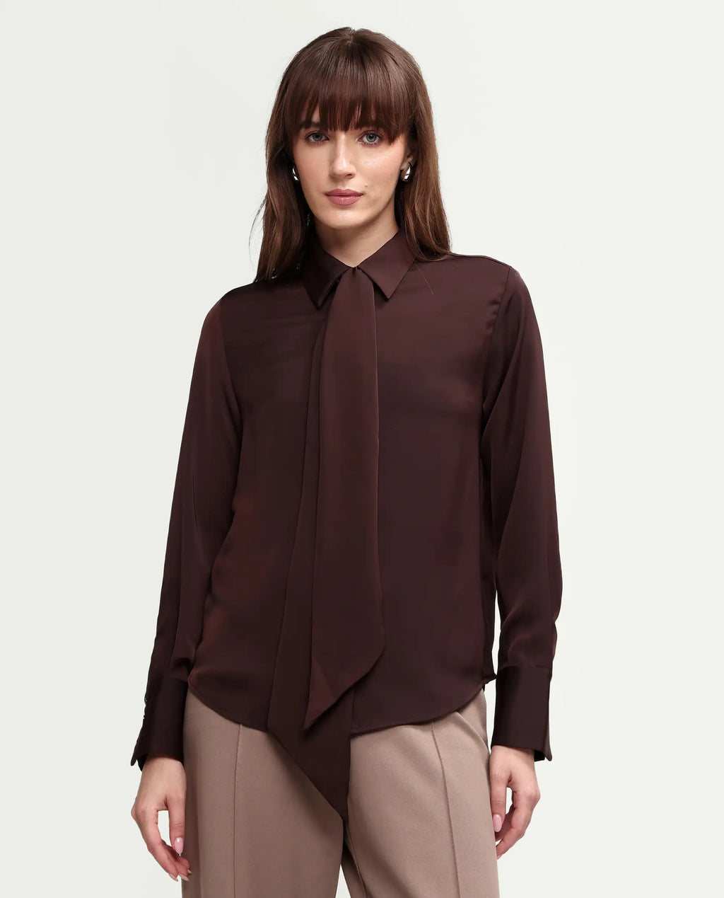 Rareism Women's Aviol S-26 Brown Full Sleeve Spread Collar Regular Top