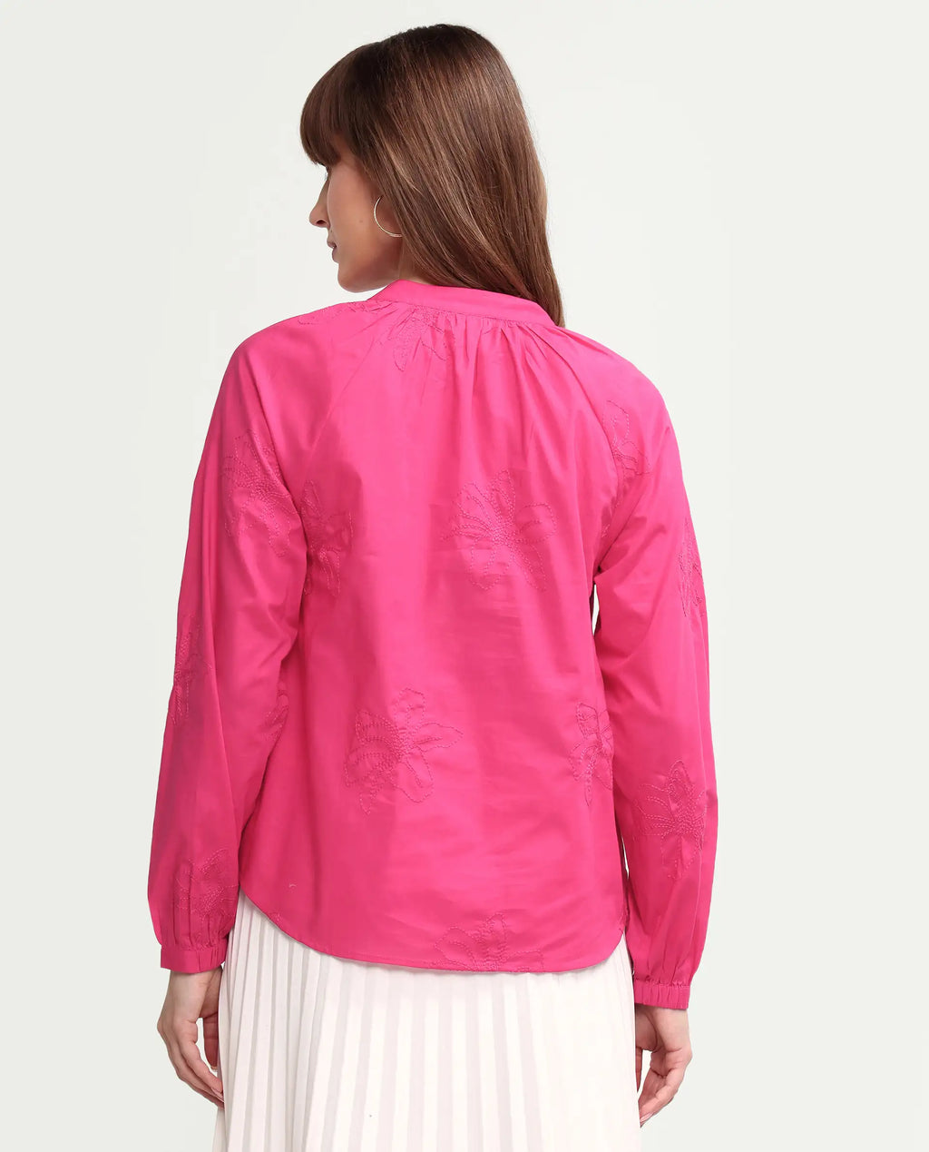 Rareism Women's Mabzi Pink Cotton Blend Full Sleeve Mandarin Collar Regular Embroidered Top