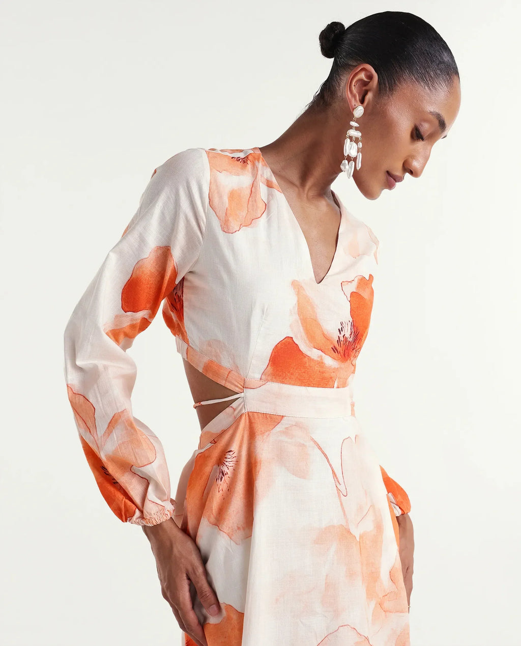 Rareism Women's Mefi Multi Cotton Full Sleeve V-Neck Fit And Flare Floral Print Dress