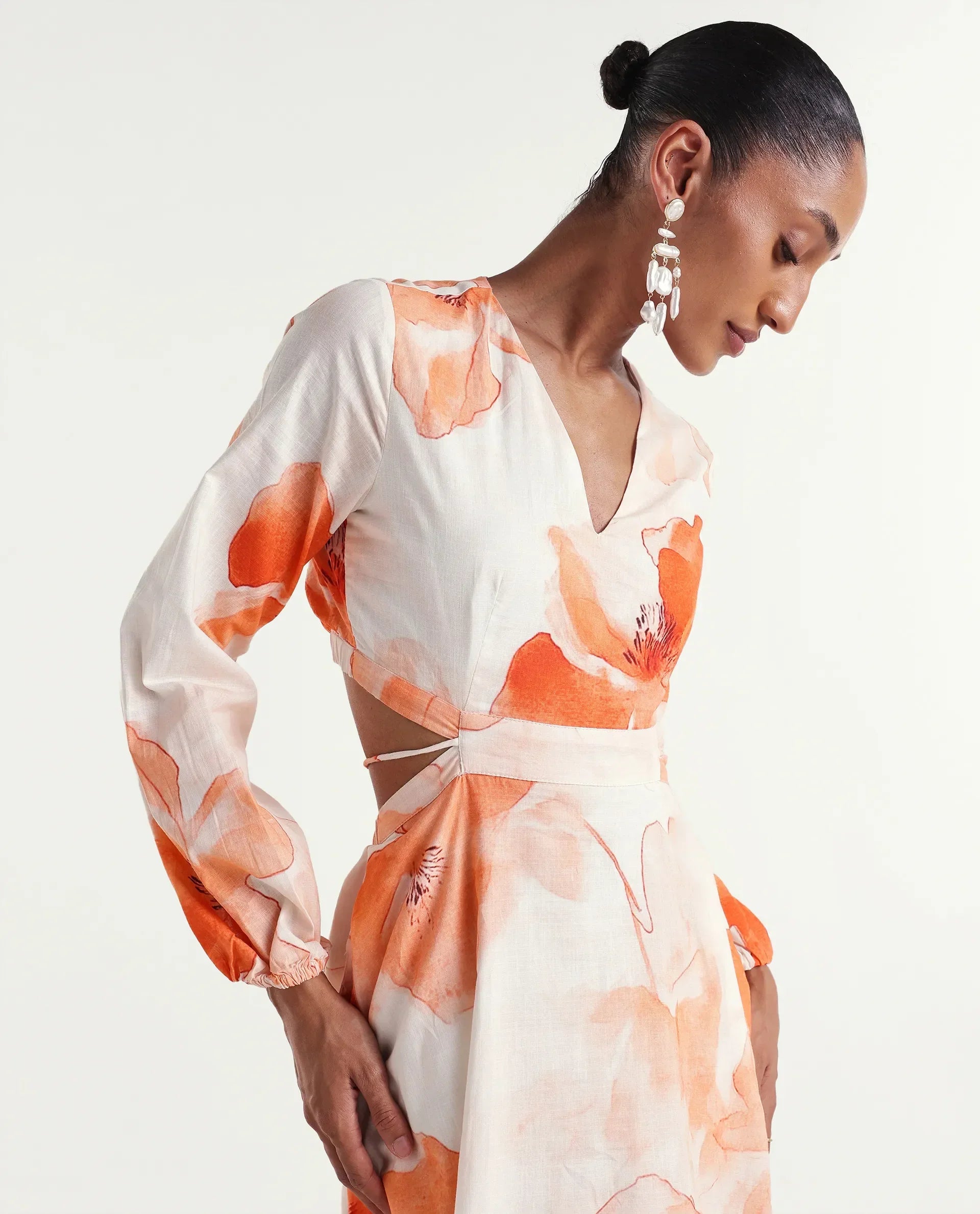 Rareism Women's Mefi Multi Cotton Full Sleeve V-Neck Fit And Flare Floral Print Dress