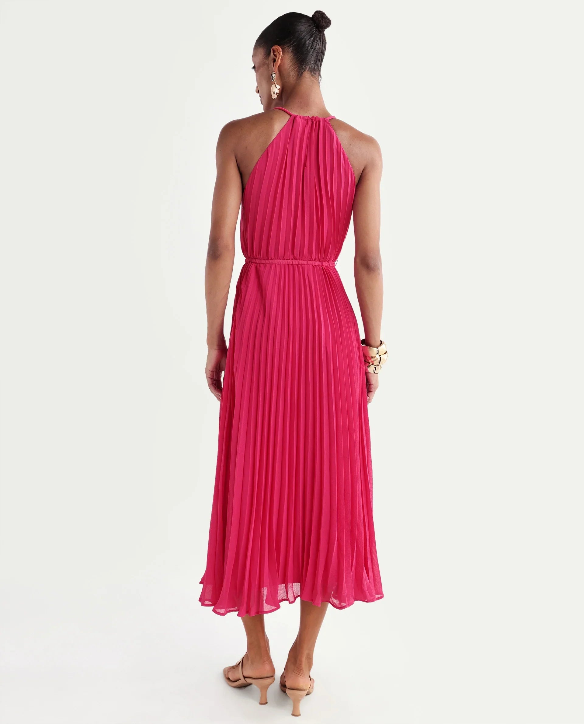Rareism Women's Meplet Pink Polyester Sleeveless Halter Neck A-Line Dress