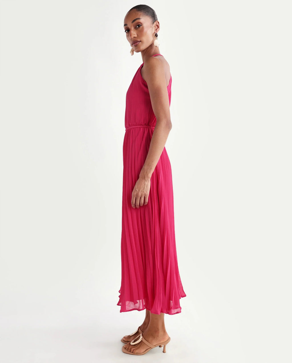 Rareism Women's Meplet Pink Polyester Sleeveless Halter Neck A-Line Dress