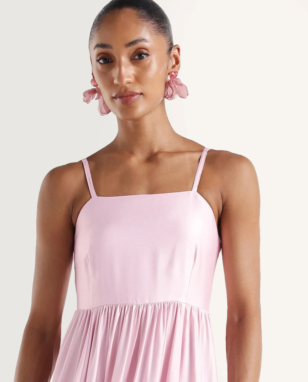 Rareism Women's Mezozo Light Pink Viscose Sleeveless Square Neck Fit And Flare Floral Print Dress