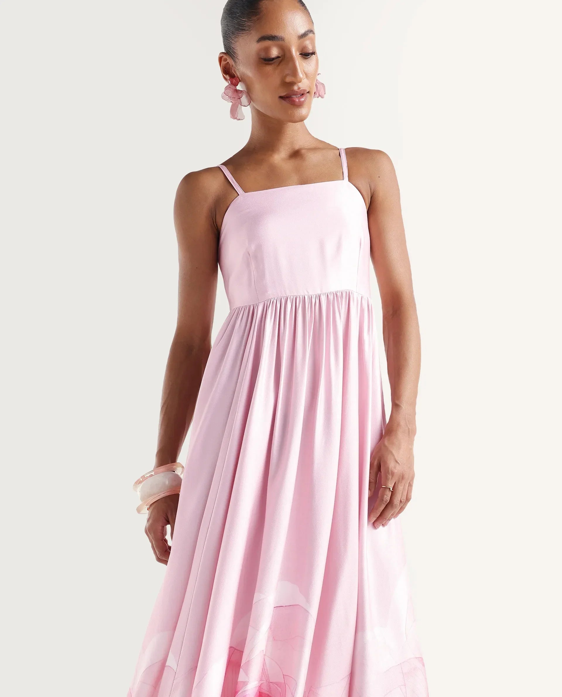 Rareism Women's Mezozo Light Pink Viscose Sleeveless Square Neck Fit And Flare Floral Print Dress
