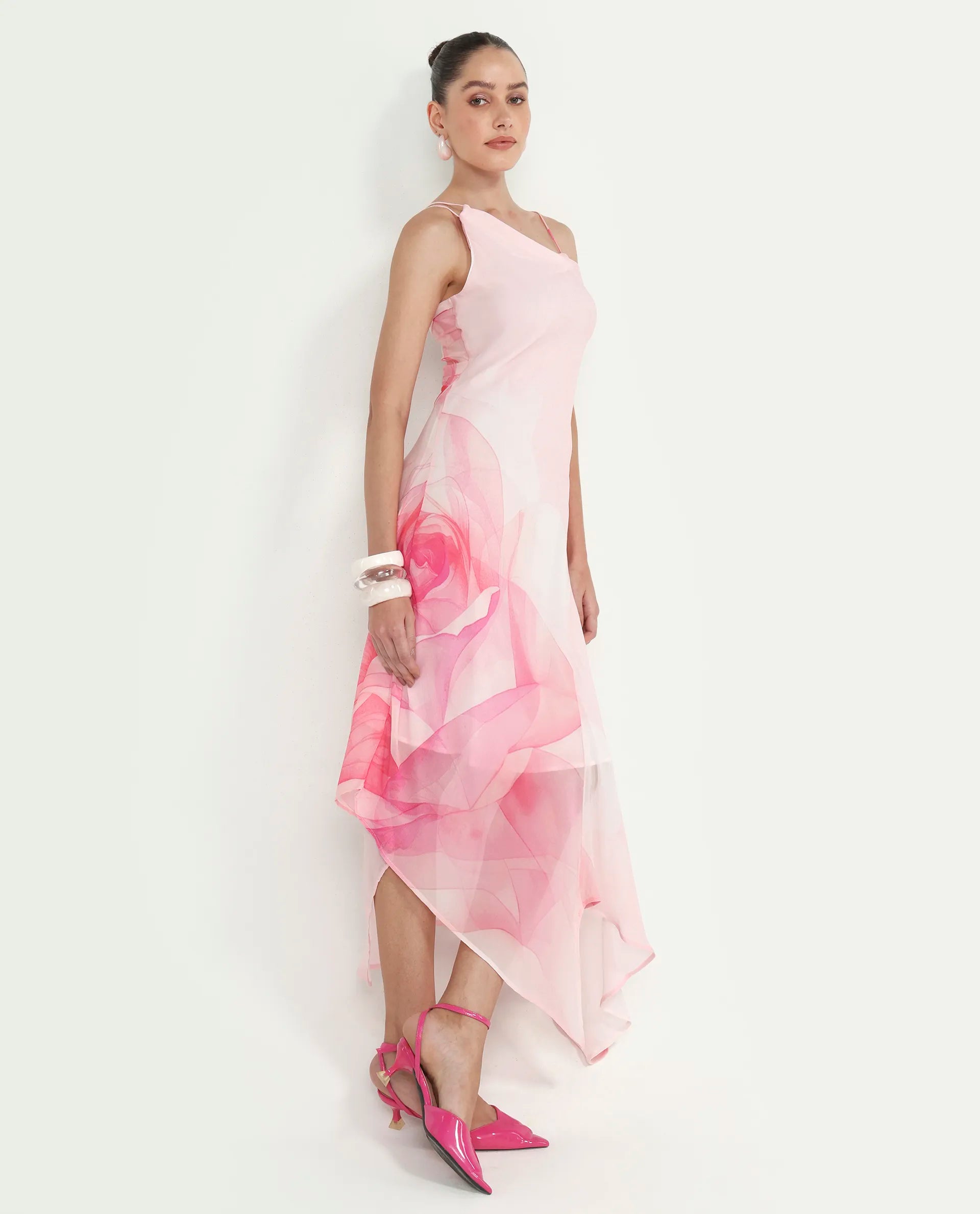 Rareism Women's Minzo Light Pink Viscose Sleeveless One Shoulder Asymmetric Floral Print Dress