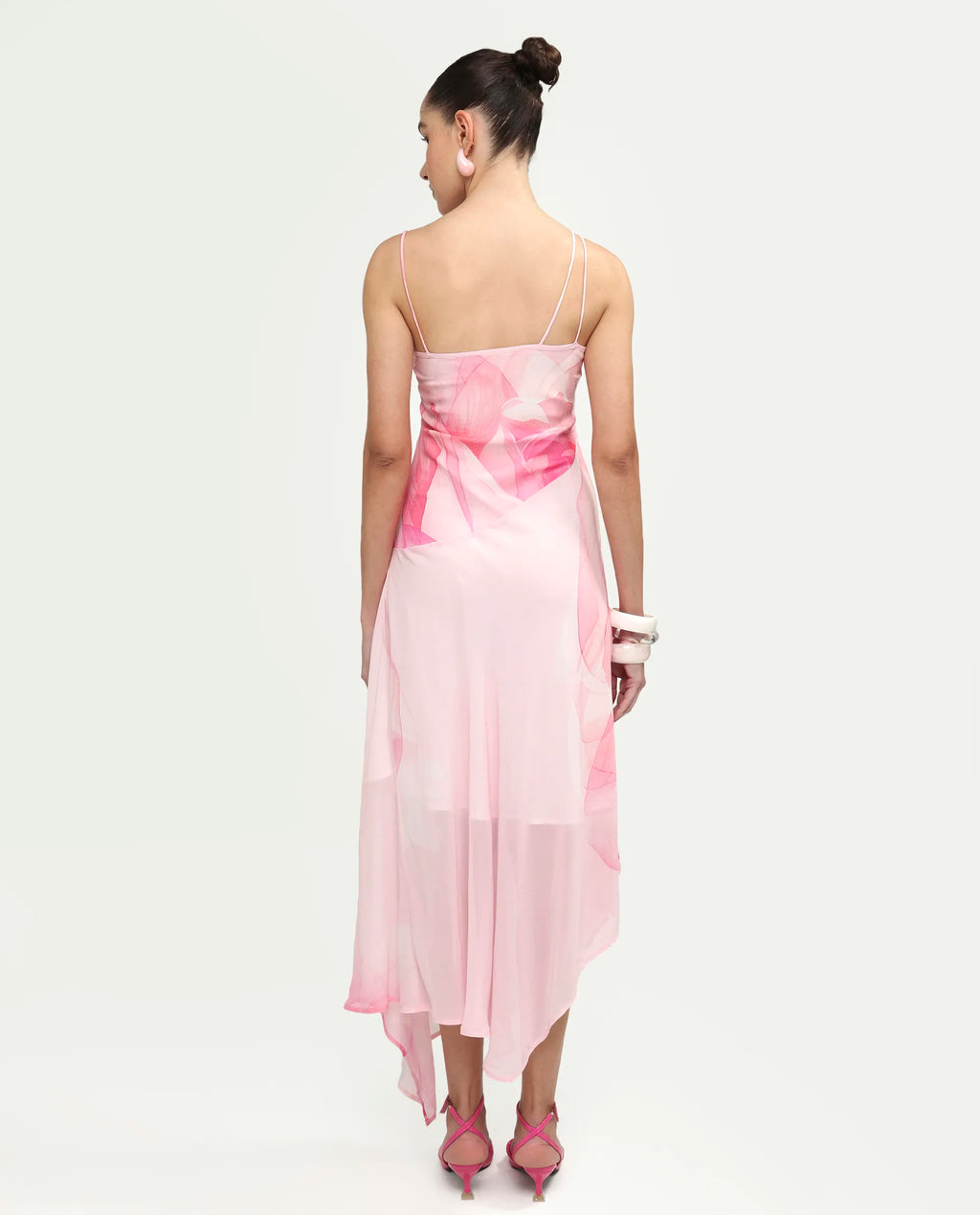 Rareism Women's Minzo Light Pink Viscose Sleeveless One Shoulder Asymmetric Floral Print Dress