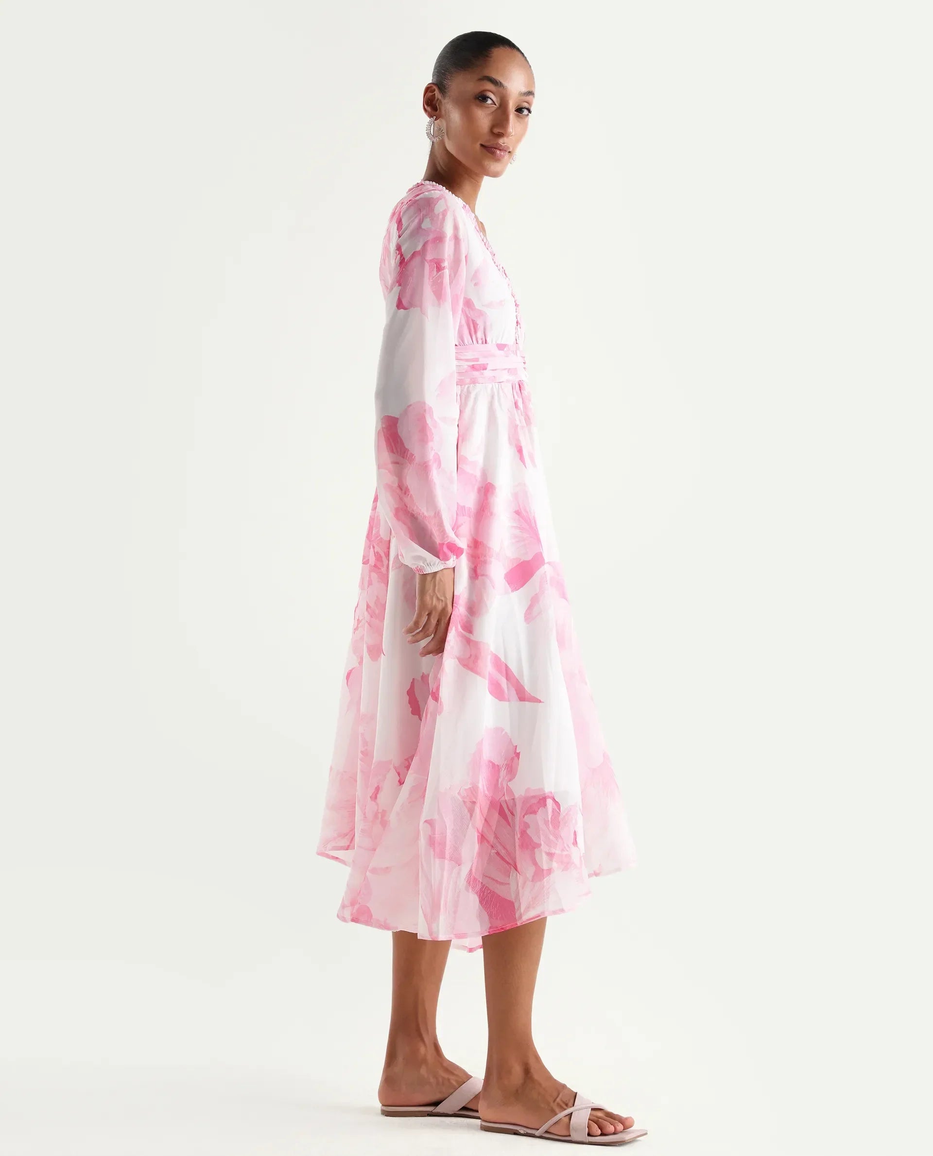 Rareism Women's Monfriko Off White Polyester Full Sleeve Ruffled Neck Fit And Flare Floral Print Dress