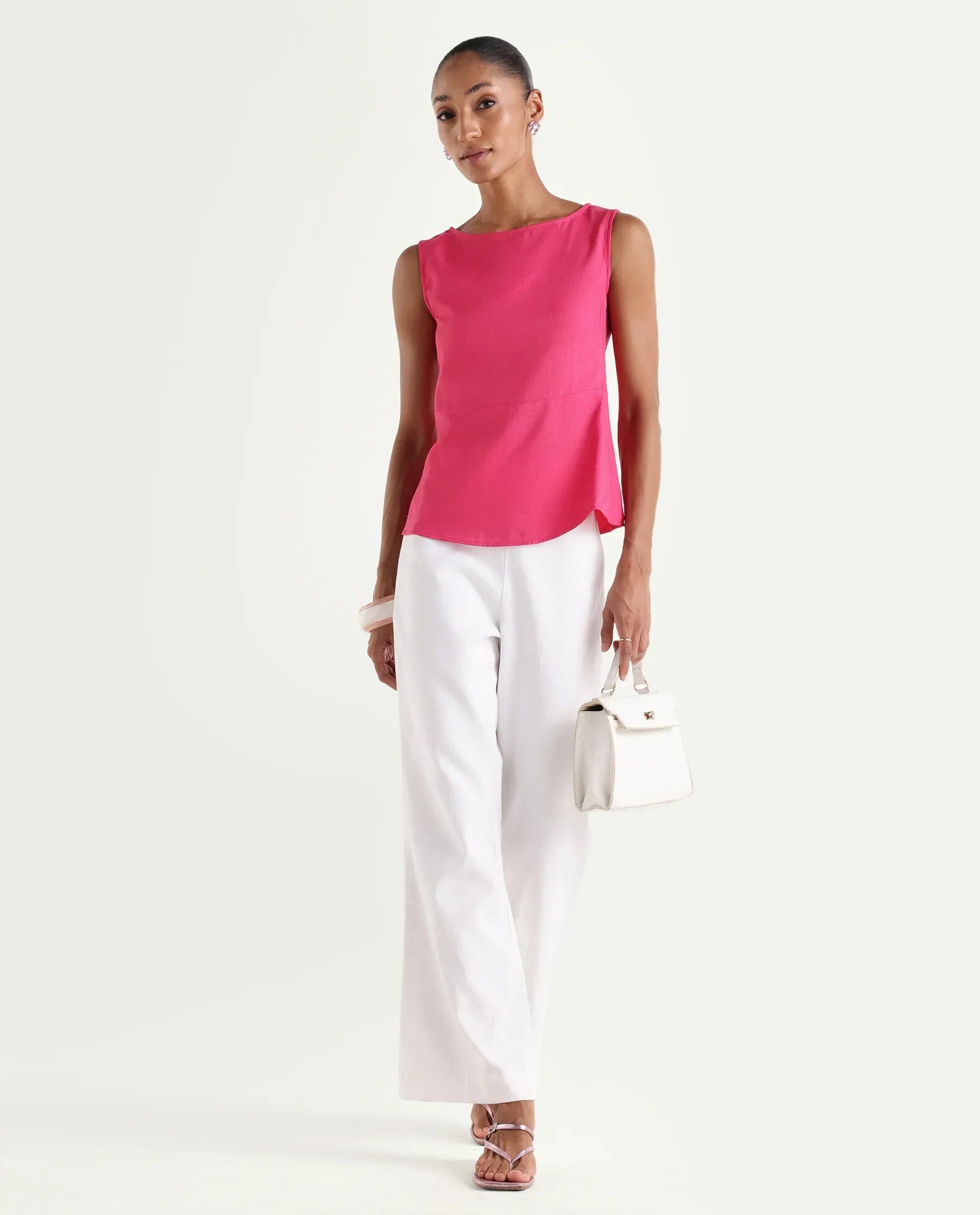 Rareism Women's Velan Pink Polyester Sleeveless Boat Neck Regular Top