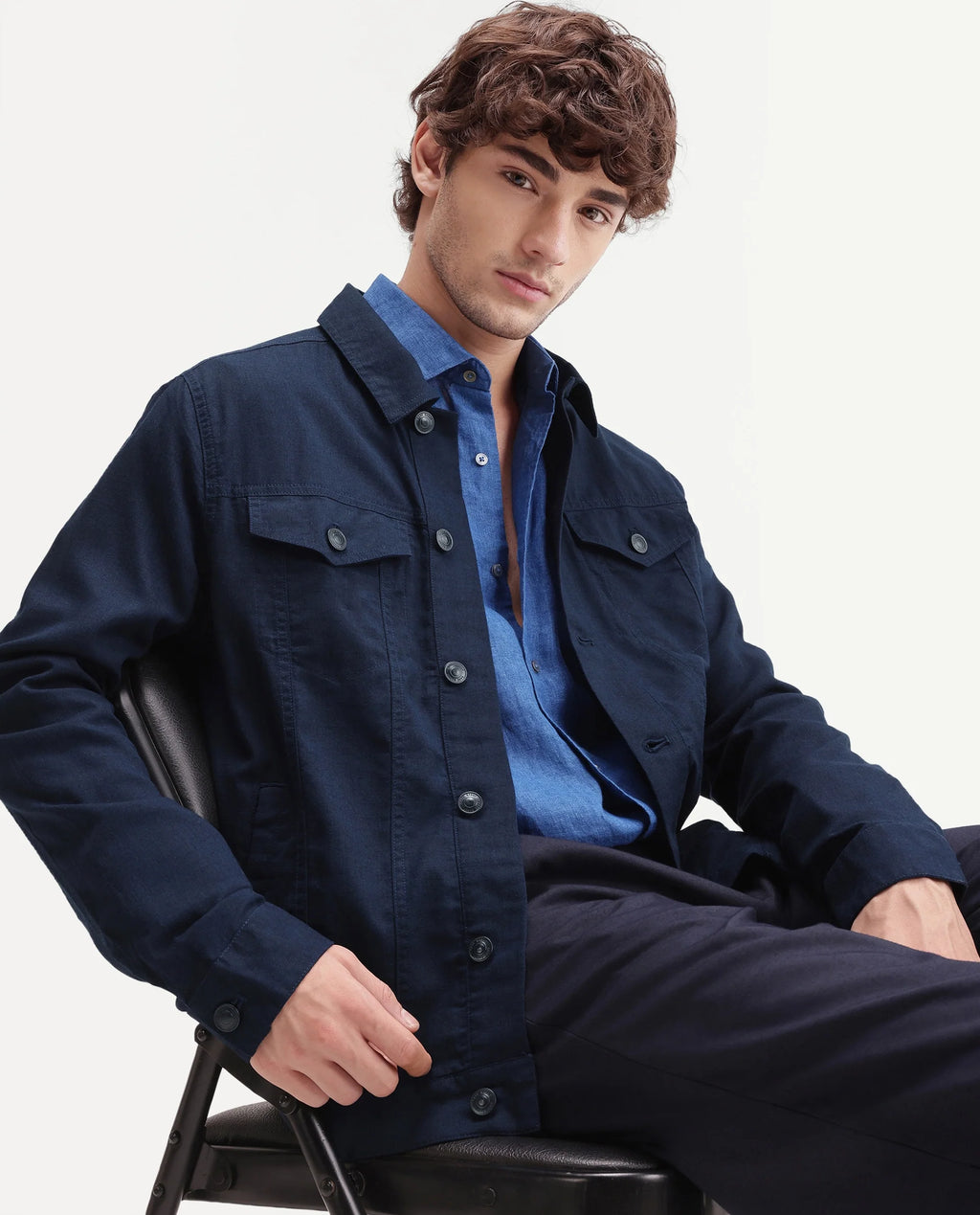 Rare Rabbit Men's Azove-T Navy Cotton Blend Fabric Regular Fit Plain Shacket