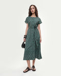 Rareism Women's Addani Dark Green Polyester Fabric Half Sleeve Crew Neck A-Line Floral Print Dress