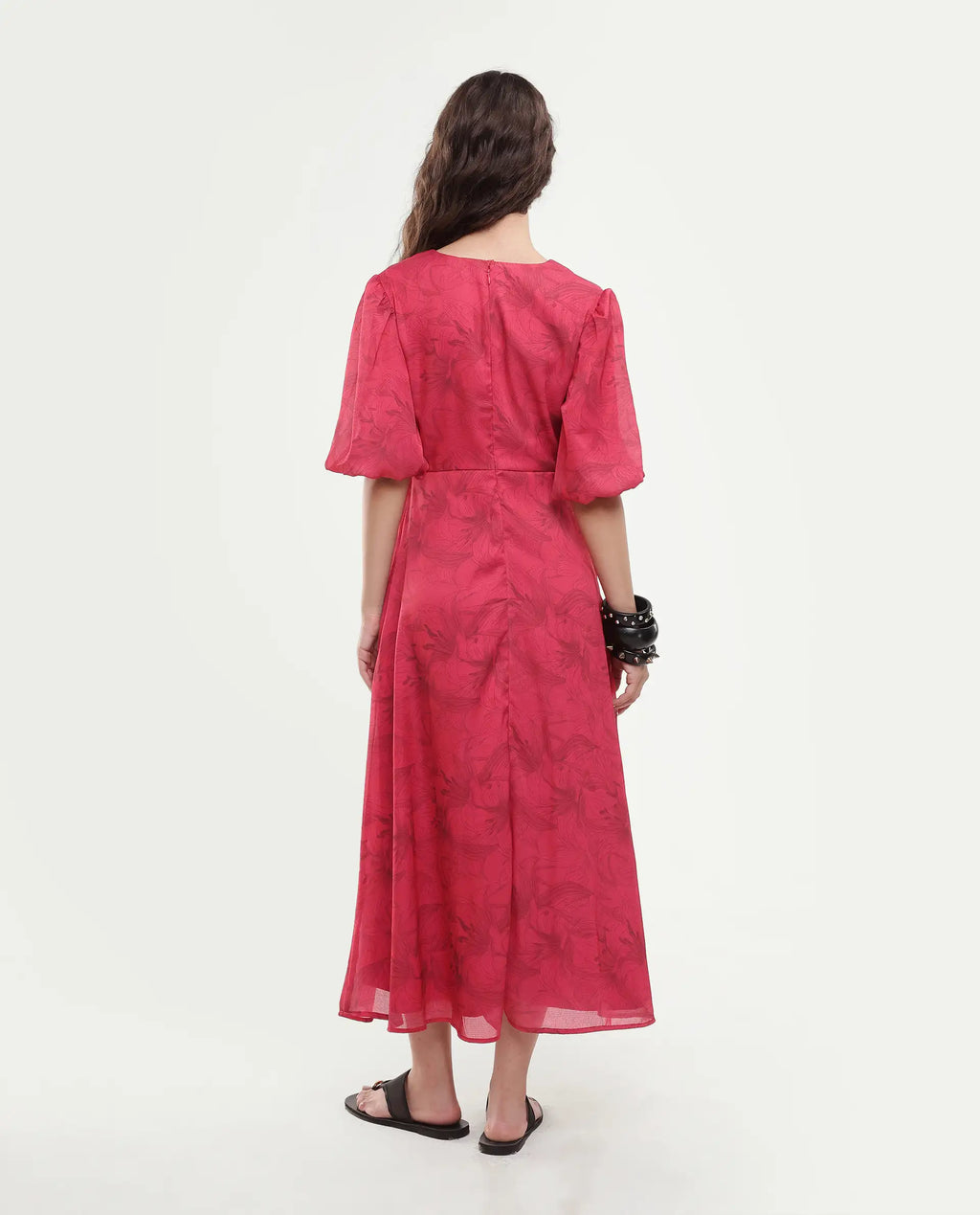 Rareism Women's Addkin Red Polyester Half Sleeve V-Neck A-Line Floral Print Dress