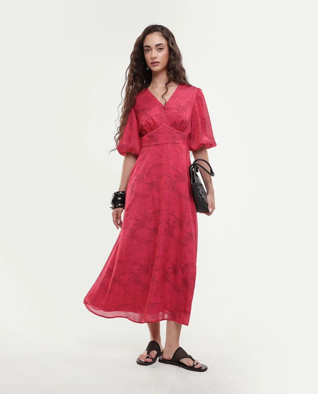 Rareism Women's Addkin Red Polyester Half Sleeve V-Neck A-Line Floral Print Dress