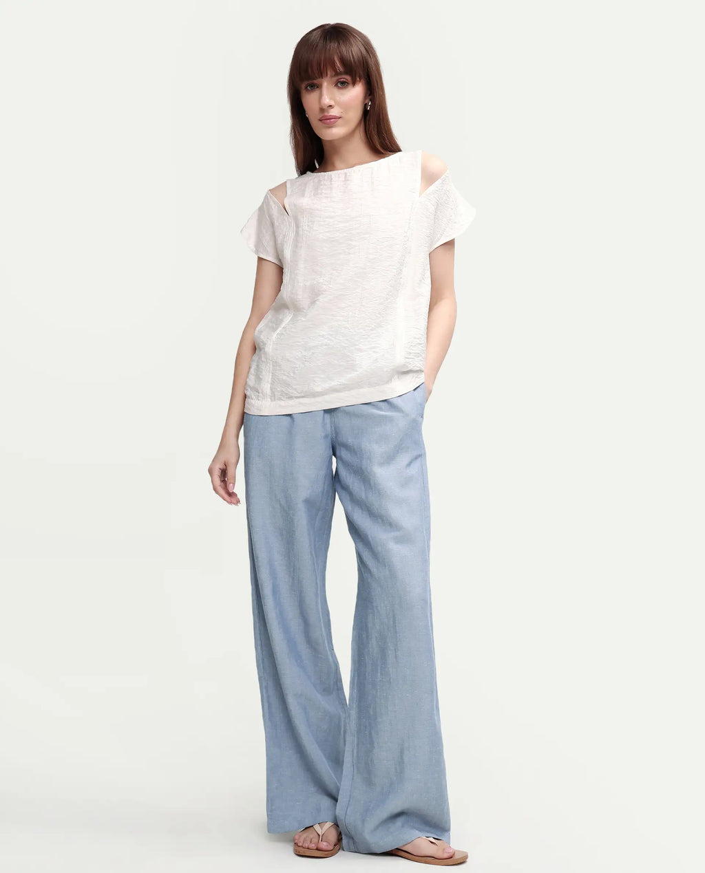 Rareism Women's Uniq Light Blue Linen Blend Fabric Straight Plain Trouser