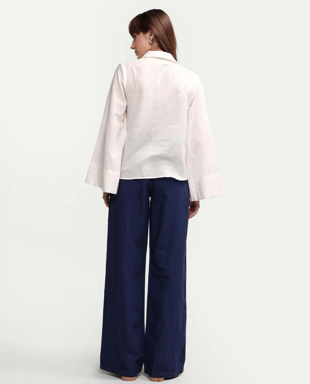 Rareism Women's Uniq Navy Linen Blend Fabric Straight Plain Trouser