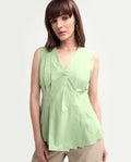 Rareism Women's Houx Light Green Cotton Sleeveless V-Neck Regular Fit Plain Top