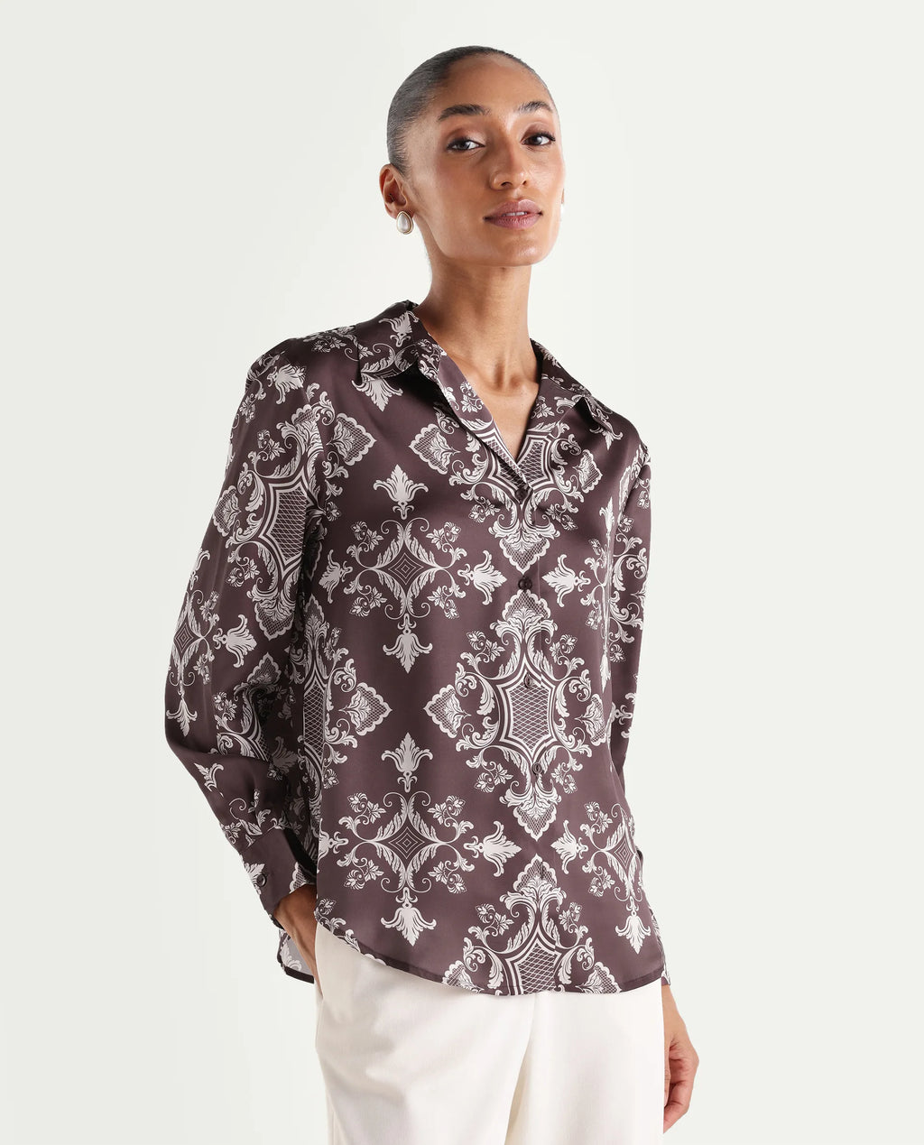 Rareism Women's Alor Brown Polyester Full Sleeve Spread Collar Relaxed Fit Printed Shirt