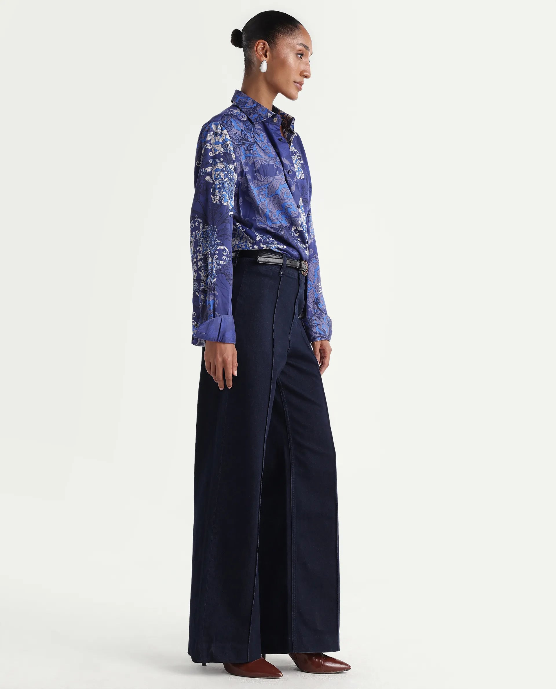 Rareism Women's Exora Dark Navy Cotton Blend Wide Leg Plain Jeans