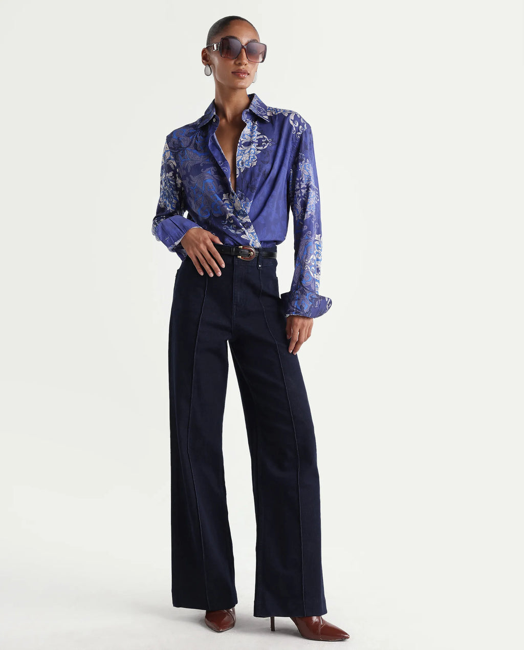 Rareism Women's Exora Dark Navy Cotton Blend Wide Leg Plain Jeans