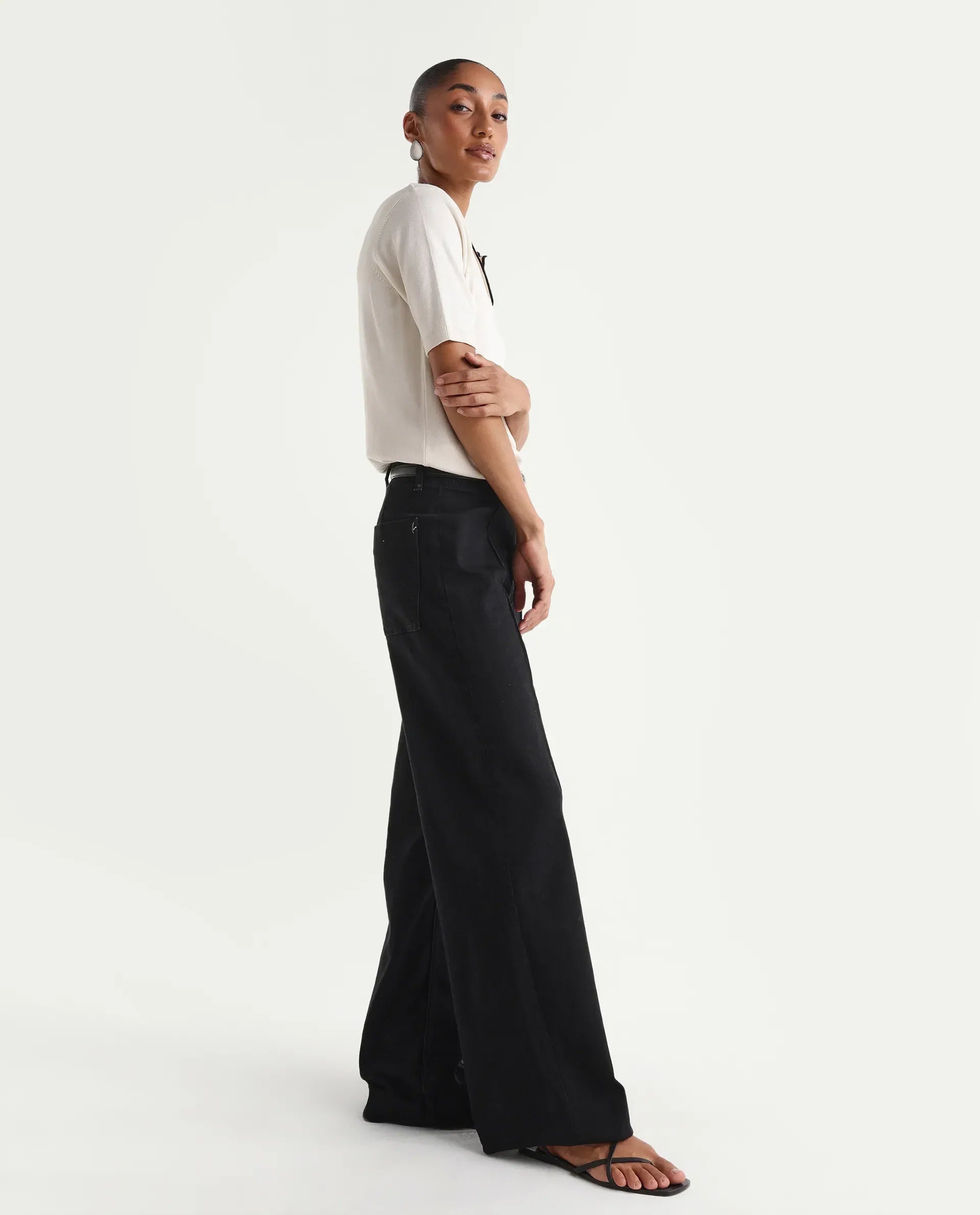 Rareism Women's Exia Black Cotton Blend Wide Leg Plain Jeans