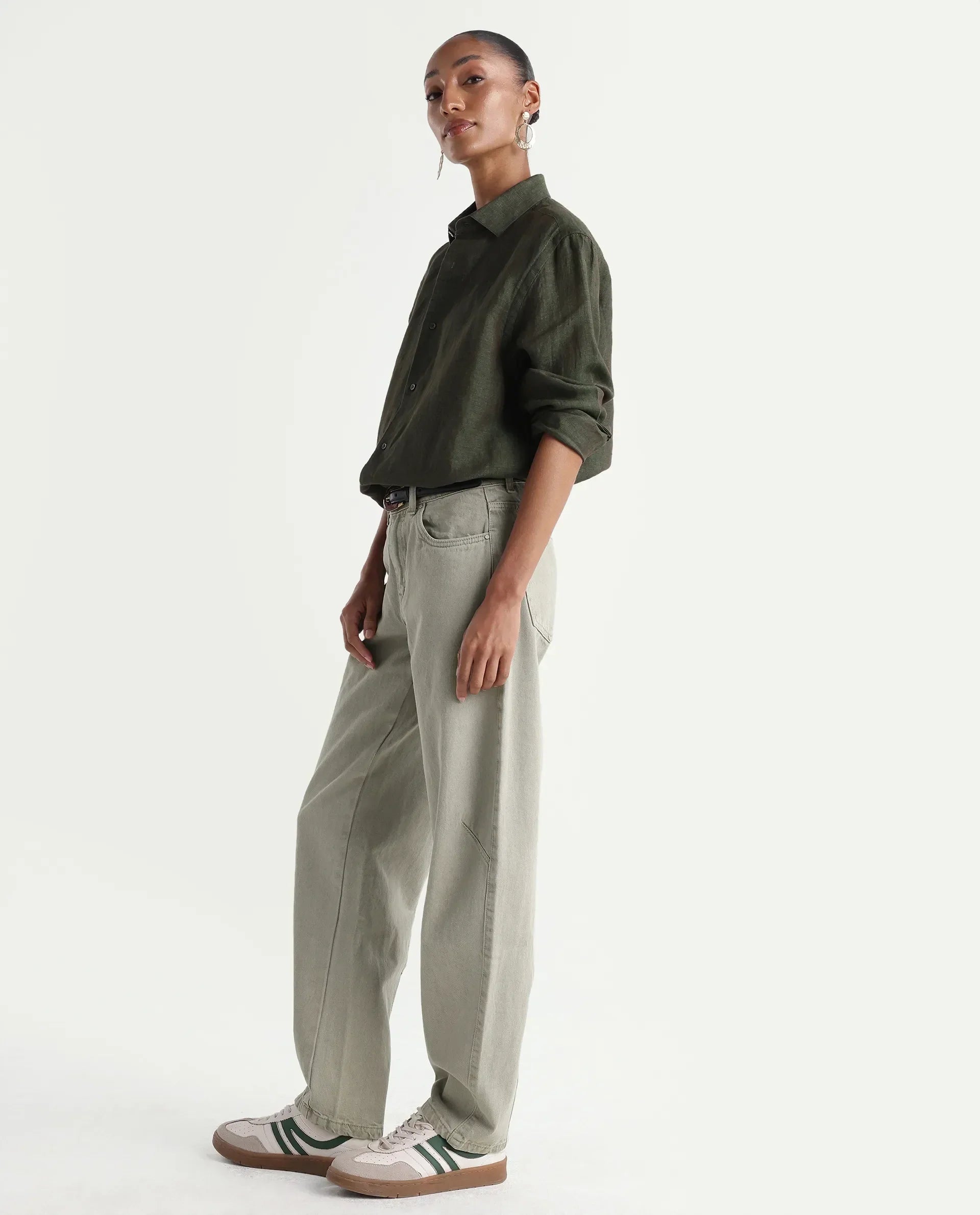 Rareism Women's Talbo Olive Cotton Plain Tall Barrel Fit Jeans
